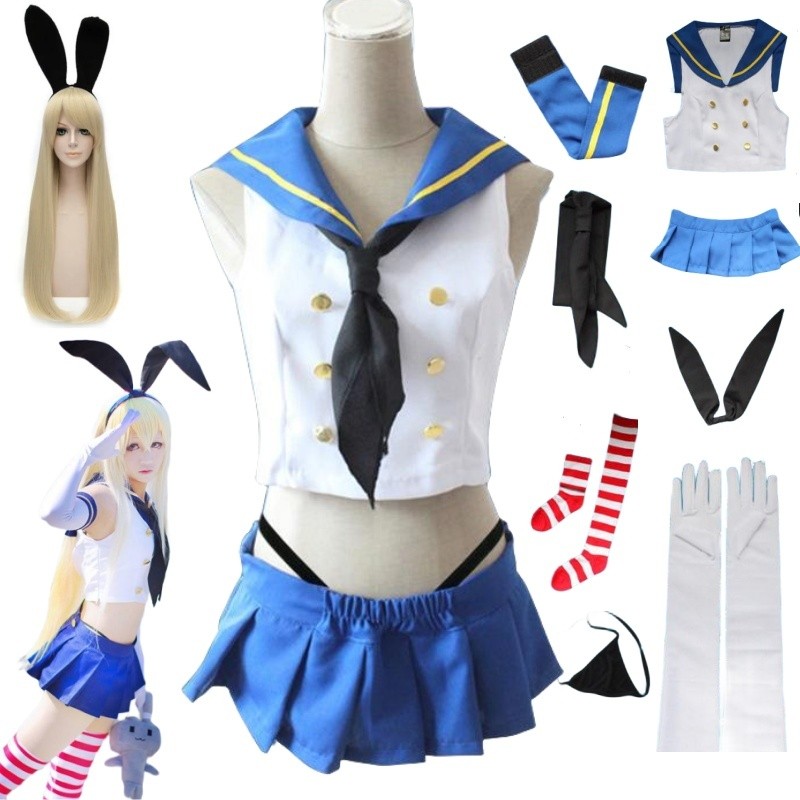 Shimakaze Cosplay Anime Kantai Collection Shimakaze Cosplay Costume Girl's Uniforms wig Sailor Dress