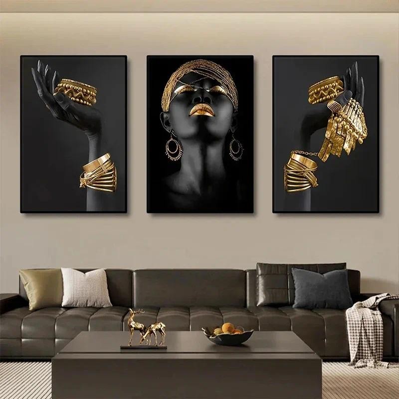 

Silver Gold Color African Women Portrait Art Painting Canvas Print Poster Scandinavian Wall Art Picture for Living Room Decor