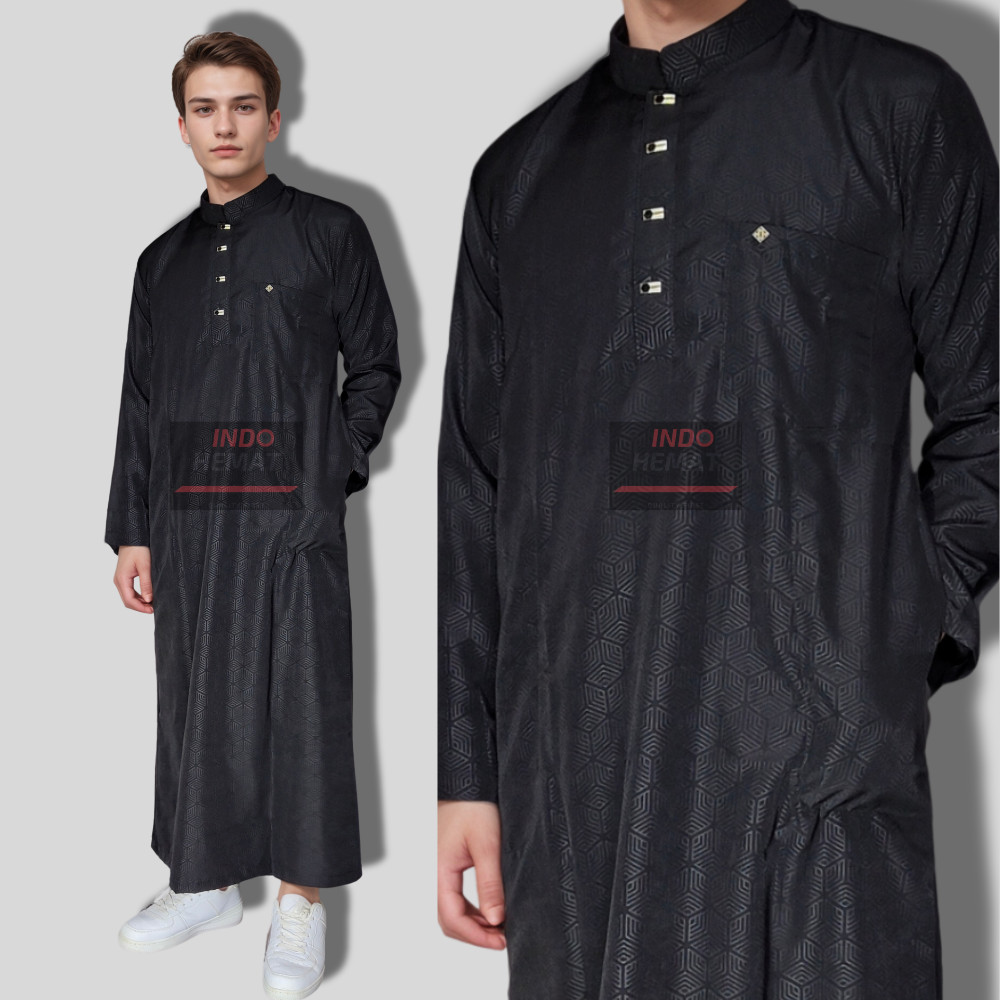 Jubah gamis pria lengan panjang embos motif timbul katun premium