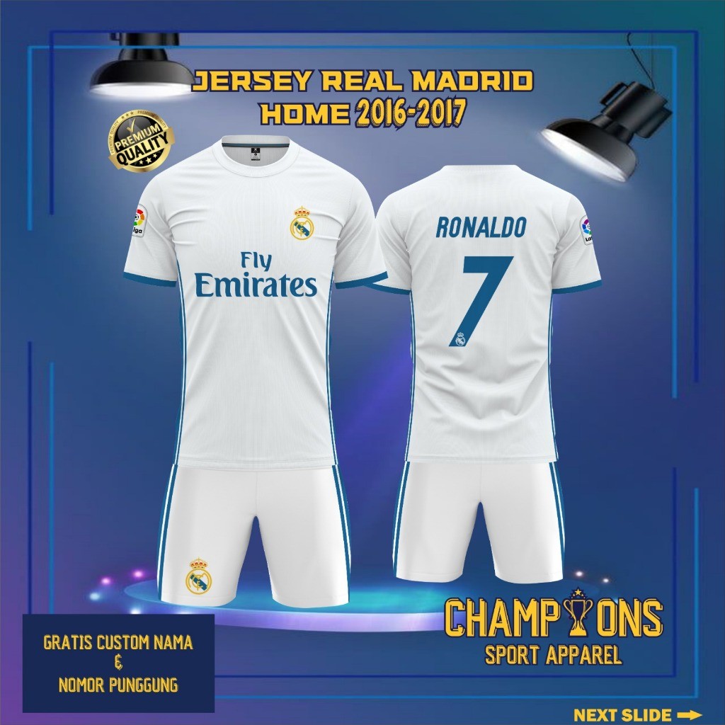 Jersey Sepak bola custom REAL MADRID HOME 2016-2017 – Full Printing Dryfit Milano | Nama & Nomor