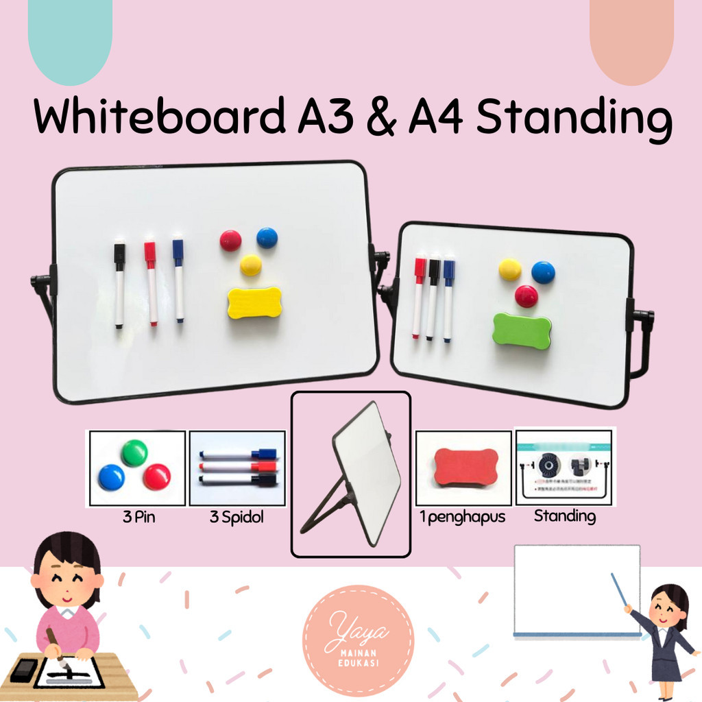 

Whiteboard A3 A4 Standing with Bracket Set Whiteboard A4 2 Sides Handwriting & Blank Small Whiteboard papan tulis premium tebal YM
