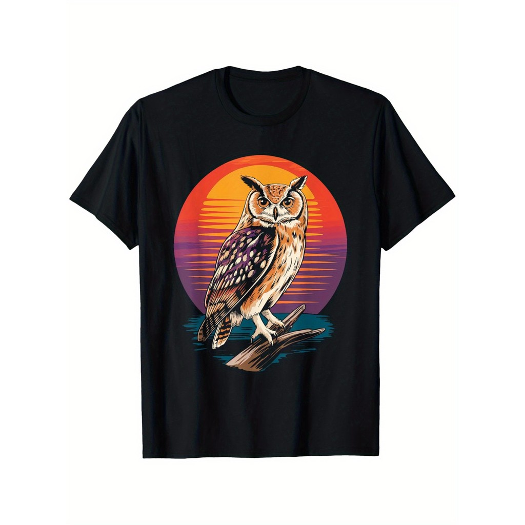 Kaos Pria Motif Burung Hantu, Warna Hitam, Ukuran S-XXXL