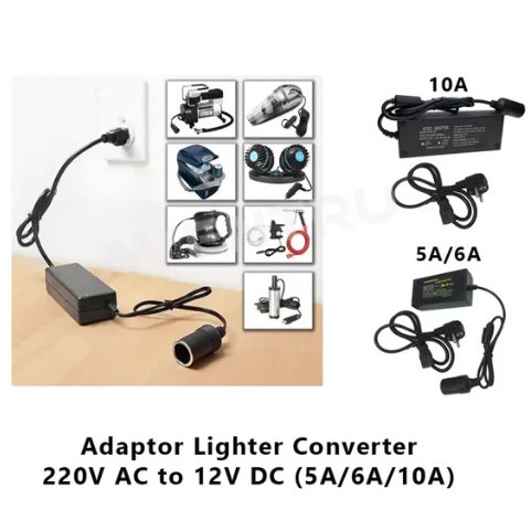 Adaptor Lighter Converter Konverter 220V AC To 12V DC 5A / 6A / 10A Lighter Socket Power Mobil Kulka