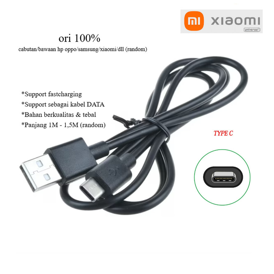 ori 100% (hitam) Usb type C kabel charger Xiaomi note 9 - Xiaomi note 9 pro - Xiaomi note 9s - Xiaom