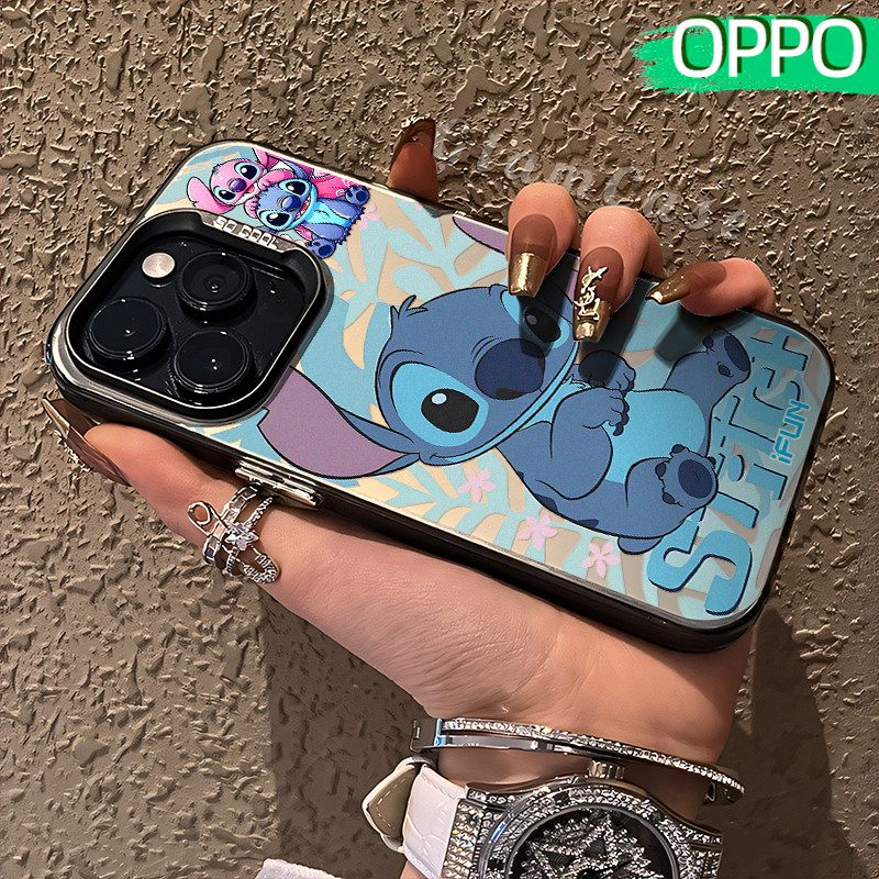Cute Stitch Glossy Hologram PC Case OPPO A18 A57 A16 A15 A17 A60 A3x A3s A5s A54 A53 A12 A31 A58 A1K