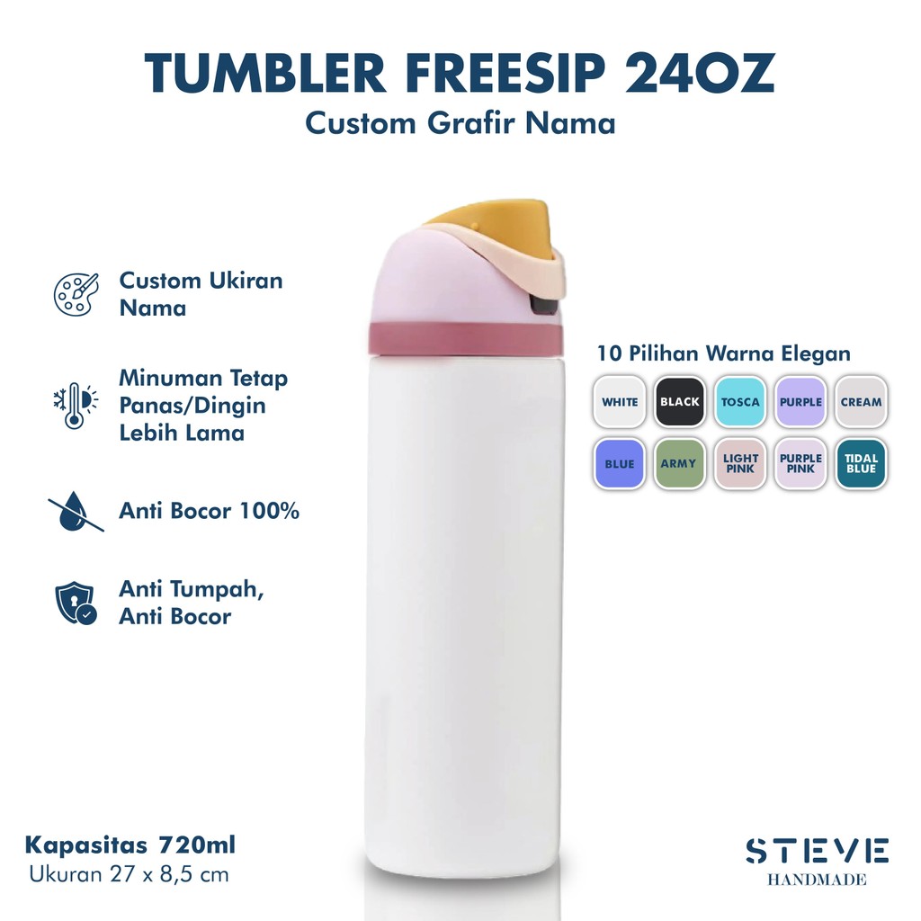 Botol Minum Stainless Tumbler Freesip TM0924 Custom Grafir Nama 720ml Anti Bocor & Anti Tumpah Vacuu