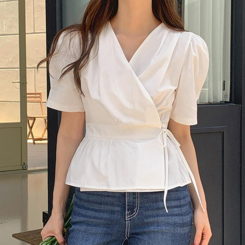 Blus Wanita Crop Top / Tunik V-Neck Tali Pinggang Warna Polos - Korean Style, Kekinian