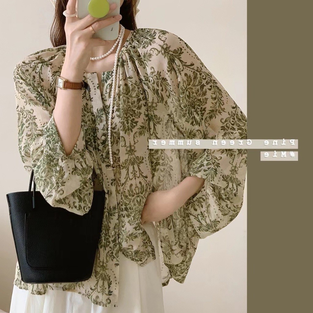 Kemeja lengan panjang wanita, gaya Korea, longgar sifon Floral kemeja lengan panjang blus kemeja wan