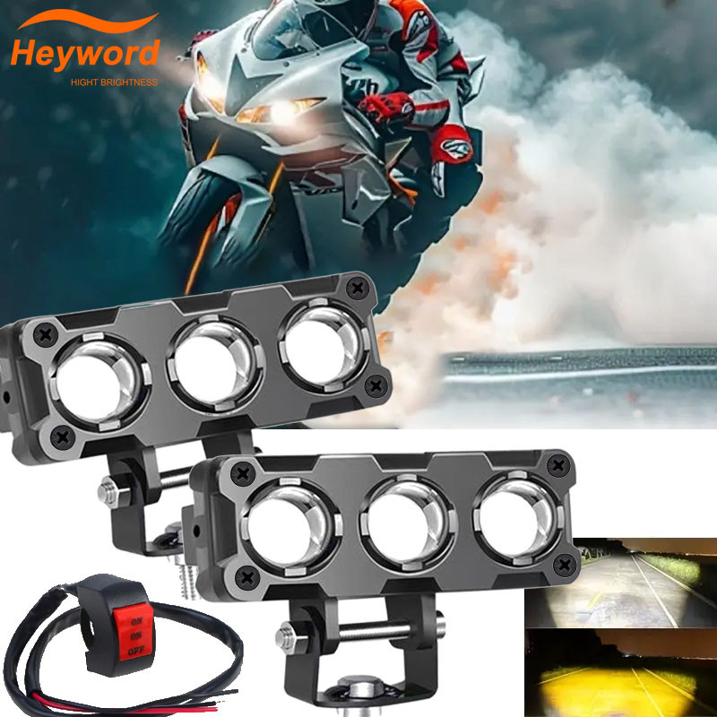 Heyword Motorcycle LED Spotlights Super Bright Headlights Three-eye Lens Fisheye Two-color Lights Re