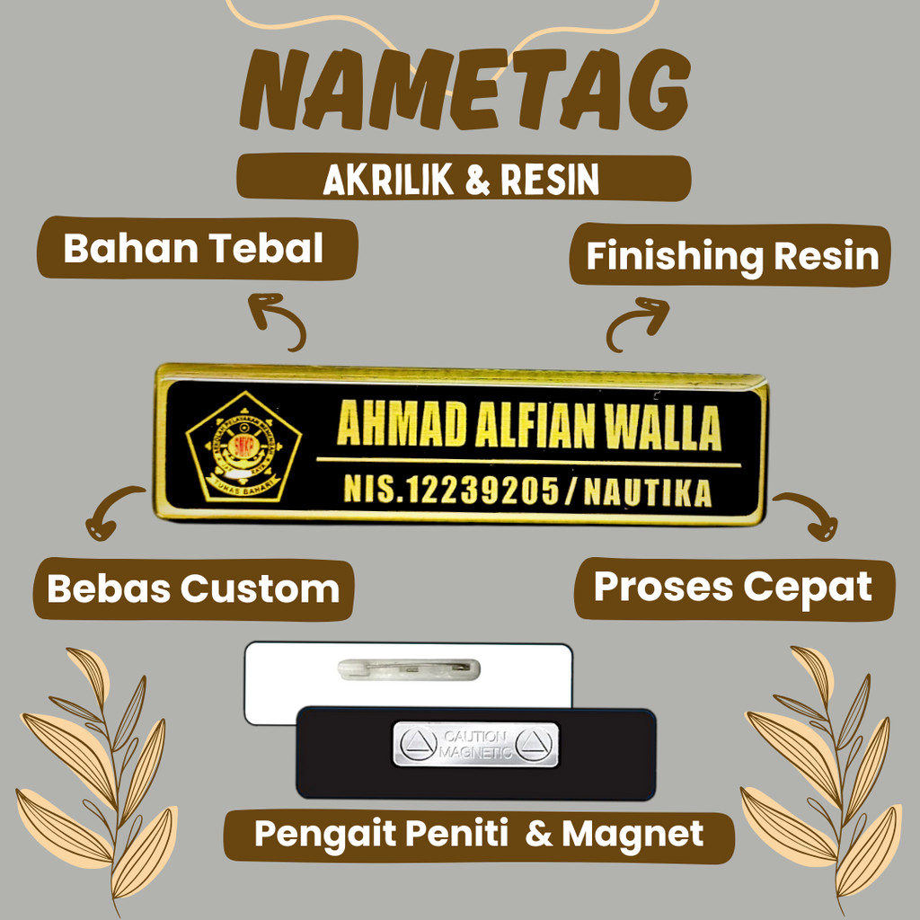 Name Tag Nama Dada Nama Dokter Akrilik Magnet Peniti Gold Silver