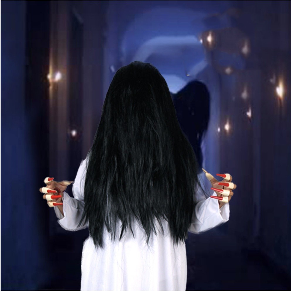 MEMELASHOP Costume Kuntilanak KOSTUM SADAKO HANTU WANITA SERAM SETAN PAKAIAN HALLOWEEN HALLOWEN HALO