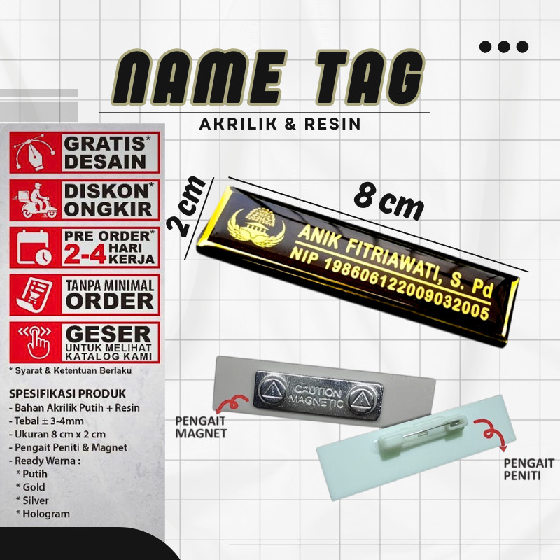 SEHARI JADI Name Tag Tebal 3 mm Nama Dada Papan Nama Grafir Gravir Gravier DOFF Laser MURAH( Nametag