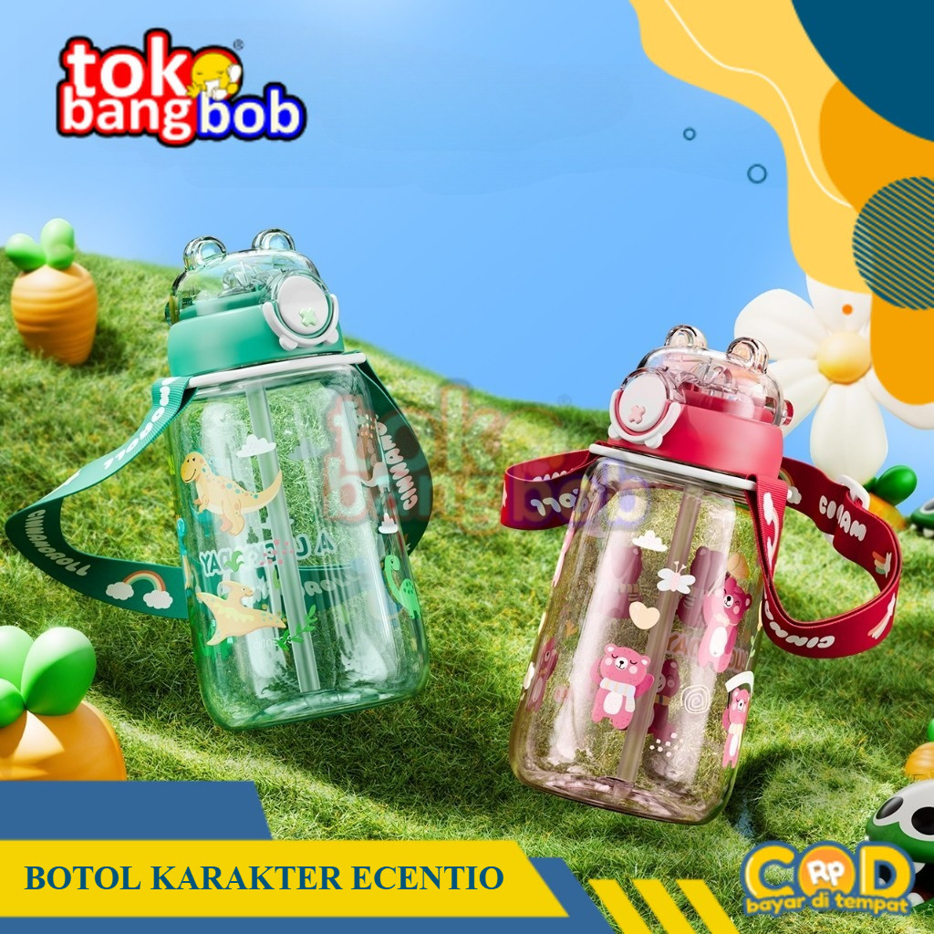 ECENTIO Botol Air Minum Anak Karakter Sedotan 750ml Karakter Free Tali