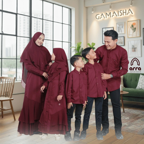 ARRA - Sarimbit Keluarga Series Arafah Gamis Koko Khimar Warna Maroon Bahan Toyobo Fodu