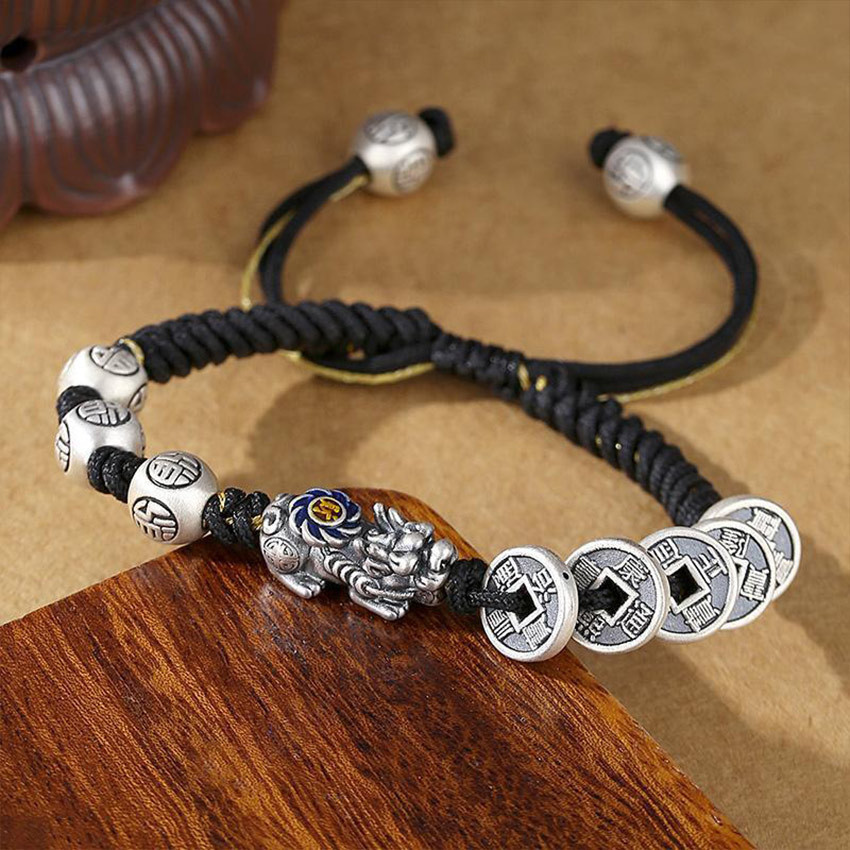 Gelang Pixiu Pria Titanium Tali Hitam Feng Shui Keberuntungan Aksesoris China Klasik Elegan