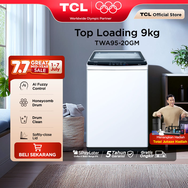 TCL Mesin Cuci 1 Tabung - Top Loading 9 KG - Honeycomb Crystal Drum - Auto Cleaning - Eight Wash Pro