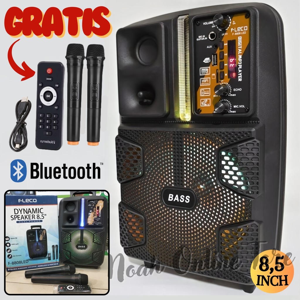 smart SERBA COD Speaker Bluetooth Fleco F-8808 LED / Speaker 8,5 Inch Bonus 2 Mic Wireles + Remote +