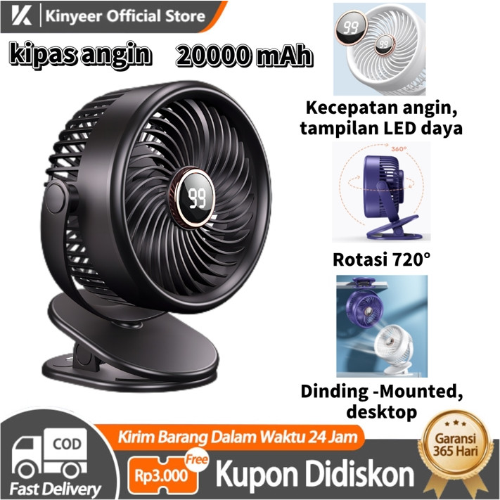 KINYEER 20000mAh Kipas Angin USB Clip Mini Fan Rotating Kipas Angin Meja Mini Jepit Portable LED Dis