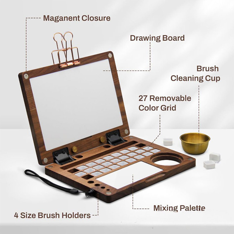 

Portable Wooden Color Palette With Strap Outdoor Sketching Oil Painting Watercolor Pigment Box Foldable For Artists