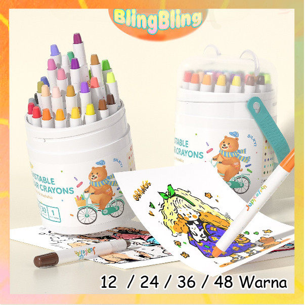 

Ready- Washable Silky Crayon 12 / 24 / 36 / 48 Warna Colorful Bucket Krayon Mewarnai Alat Warna Set Anak Wipe and Clean
