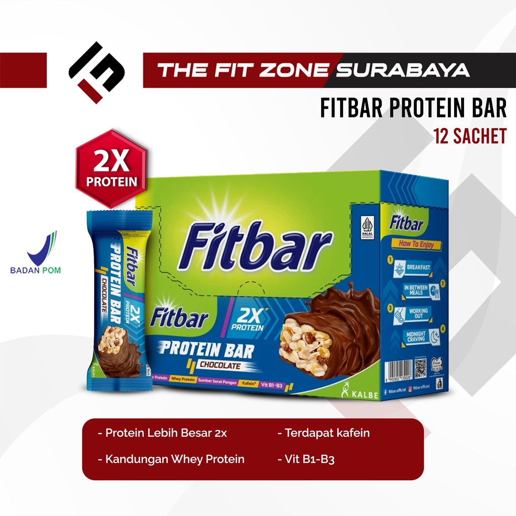 

FITBAR Protein Bar 1 Box Isi 12 Pcs (@25gram) Double Protein Snack Cemilan Sehat