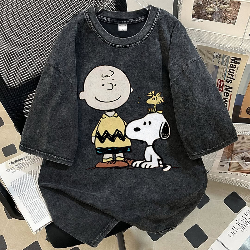 Onni Tshirt Lengan Pendek Black Washed | Motif Snoopy & Charlie | Kaos Oversize Black Washed | Bahan