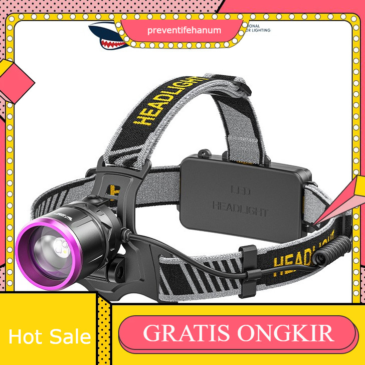 SENTER KEPALA ZOOM UV LED 90W SMLING SHARK TD-0192 - ULTRA VIOLET - CARI KALAJENGKING - TYPE-C