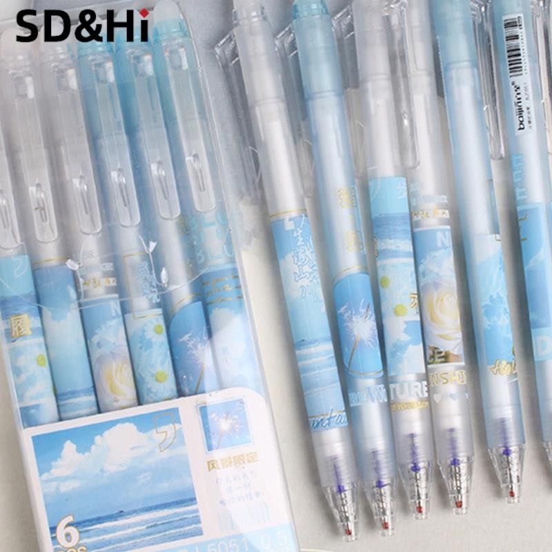 

6PCS Erasable Neutral Pens Flower Landscape Design Gel Pen Kawaii Press Pen With Erasers For School Office Korean Stationery