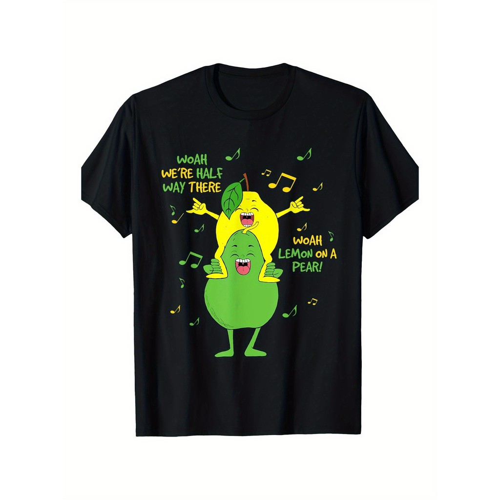 Kaos Pria Motif Jeruk Lemon dan Pir - 100% Katun, Lengan Pendek, Kerah Bulat, Hitam, Motif Kartun ya