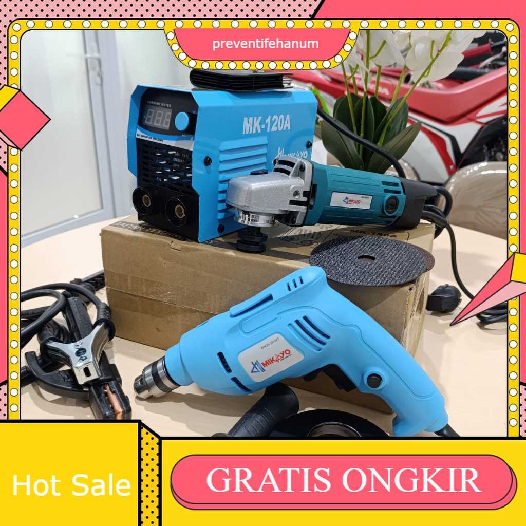 PAKET HEMAT  Mesin Las 450watt Travo Las + Mesin Gerinda Tangan listrik 4inch + Mesin Bor Listrik 10