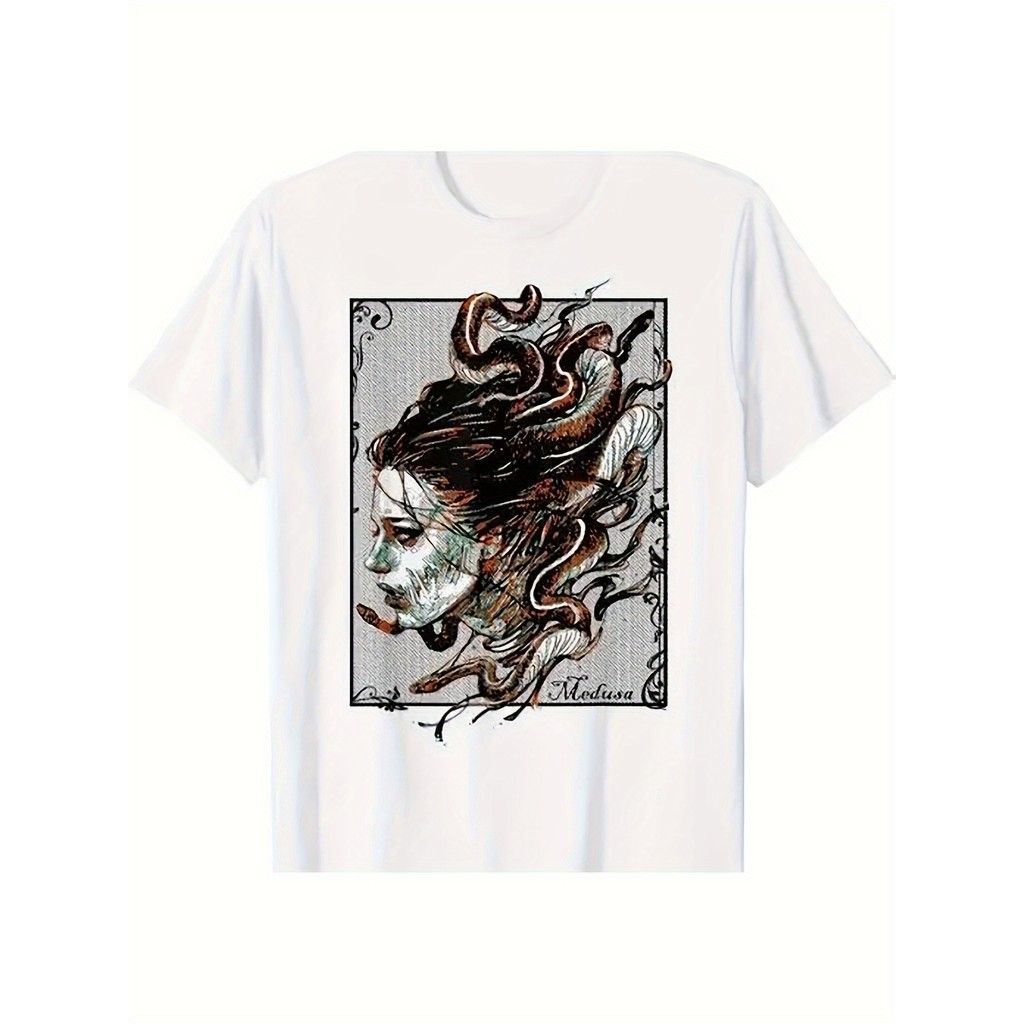 Kaos Pria Mitologi Yunani Gorgon Cotton 100% - T-Shirt Medusa Seni Kasual