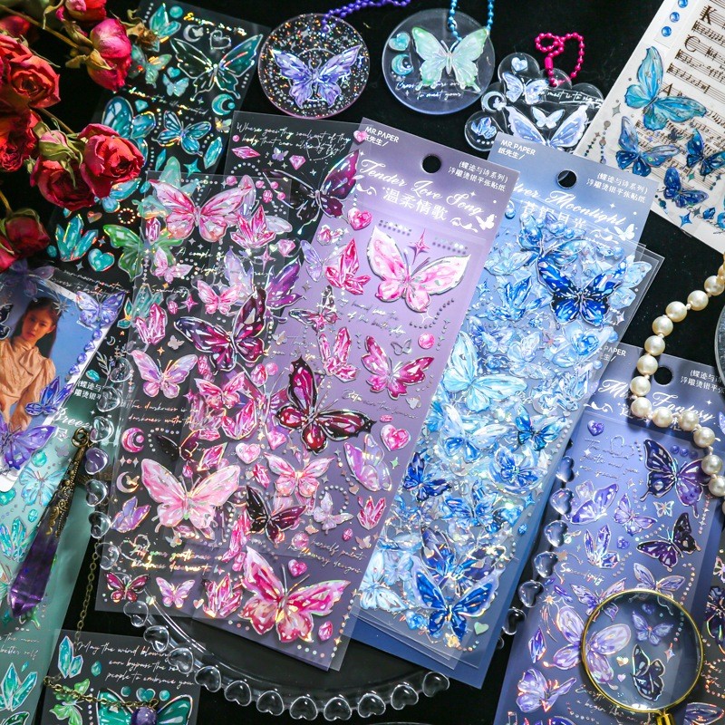 

TERLARIS 3 Lembar Stiker Laser Kupu Kupu Sticker DIY Diary Notebook Stiker Timbul Foil Emas