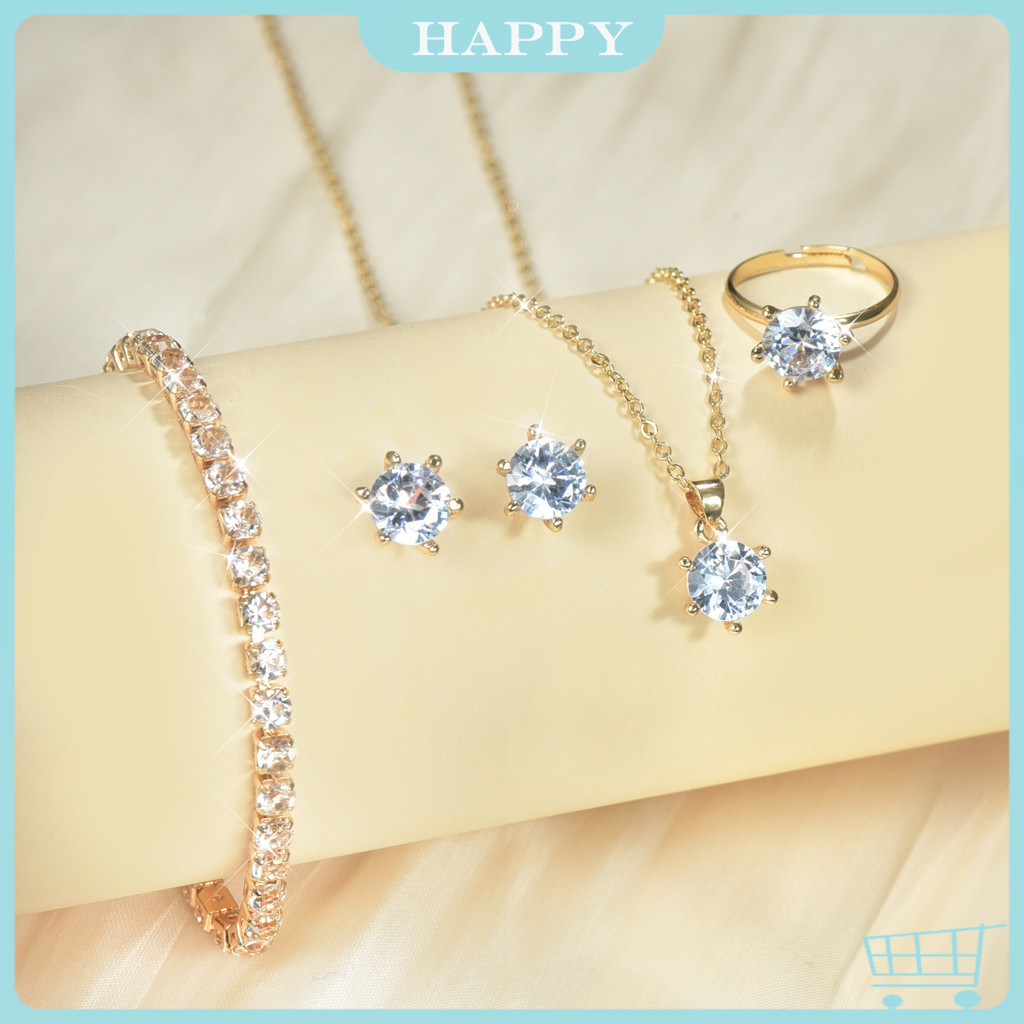 (COD  In Stock) 4PCS/Set Clover Titanium Vintage Perhiasan Wanita/ Anting + kalung + gelang(gelang t