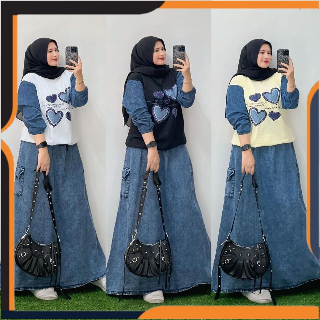 Terbaru Setelan Rok Jeans Kekinian Setelan Rok Jeans Aplikasi Sablon Kombinasi Kaos Wanita