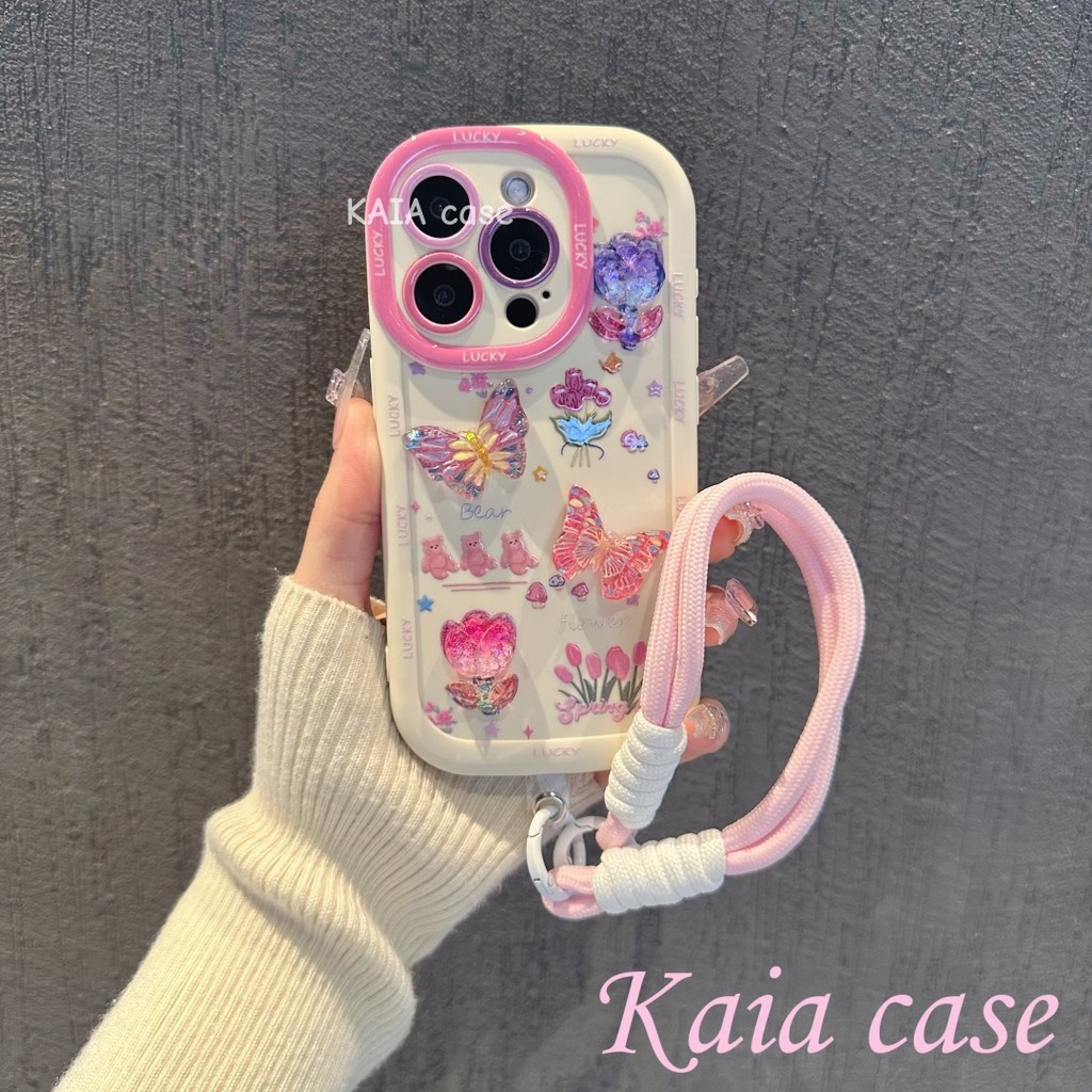 case iPhone 16 Tali kupu -kupu tulip dan tali tangan Casing ponsel cocok untuk iPhone 11 11PROMAXSof