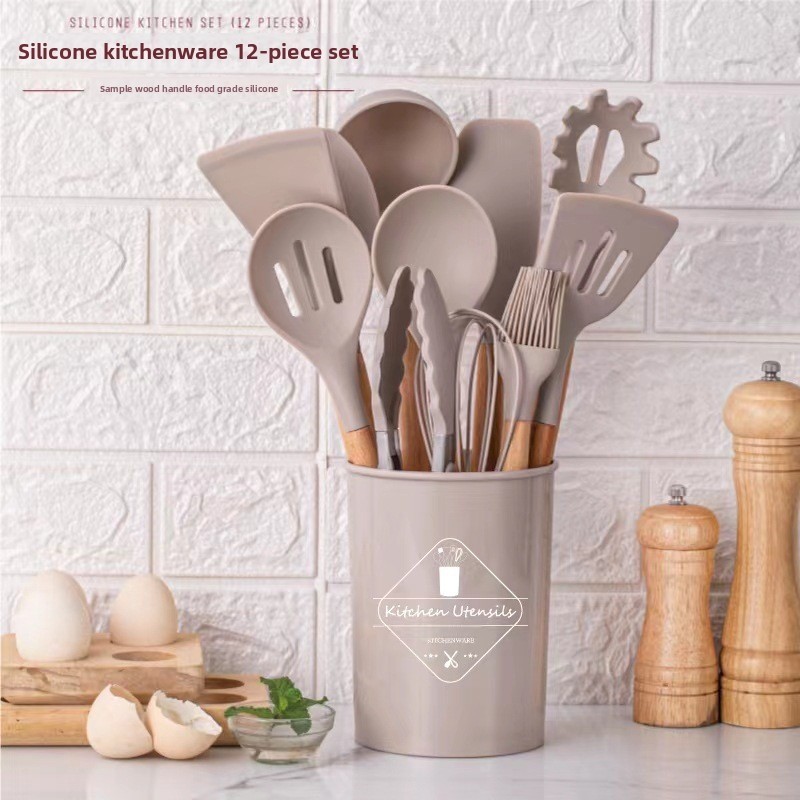 12PCS food grade silicone wood handle kitchen utensil scraper measuring spoon practical cooking tool