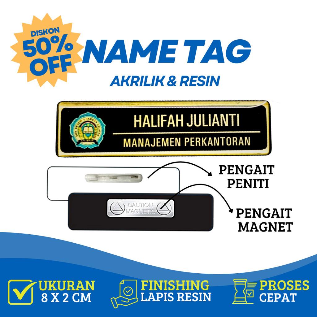 Name Tag Nama Dada Nama Dokter Akrilik Magnet Peniti Gold Silver