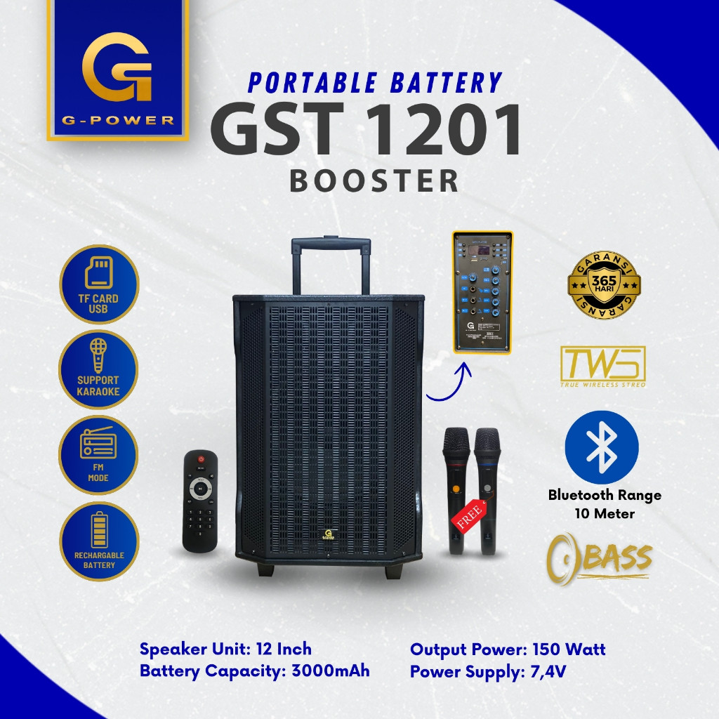 G-Power GST-1201 Speaker Portable Bluetooth 12 Inch + 2 Mic Wireless Charger