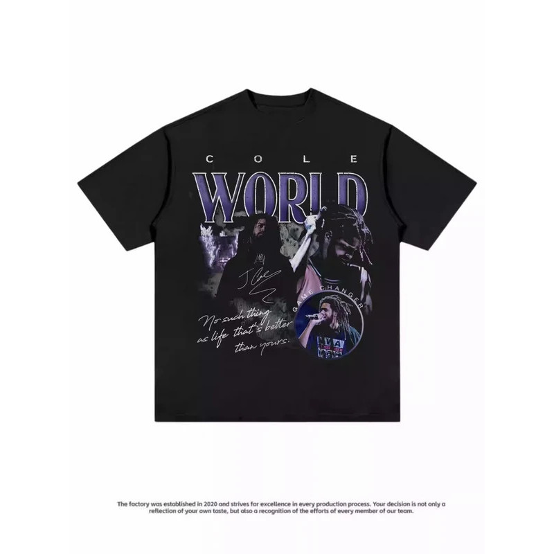 Cetak Grafis JCole Rap Vintage Eropa dan Amerika Retro Hip Hop Kaos Lengan Pendek Katun Berat Tren u