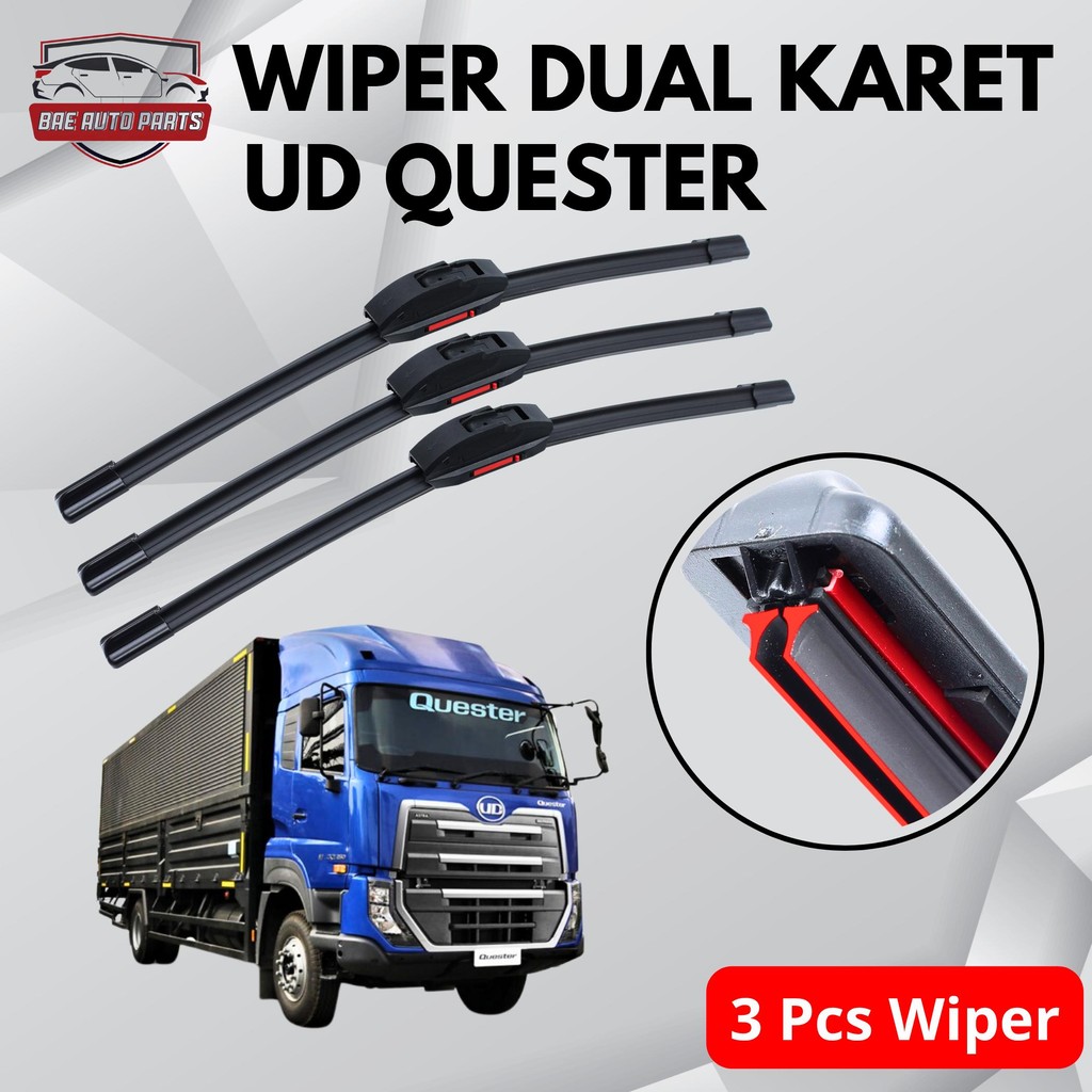 (3 Pcs) Wiper Double Karet Mobil Truk UD Quester / Isuzu Giga 3 Pcs Wiper Model Frameless Windshield