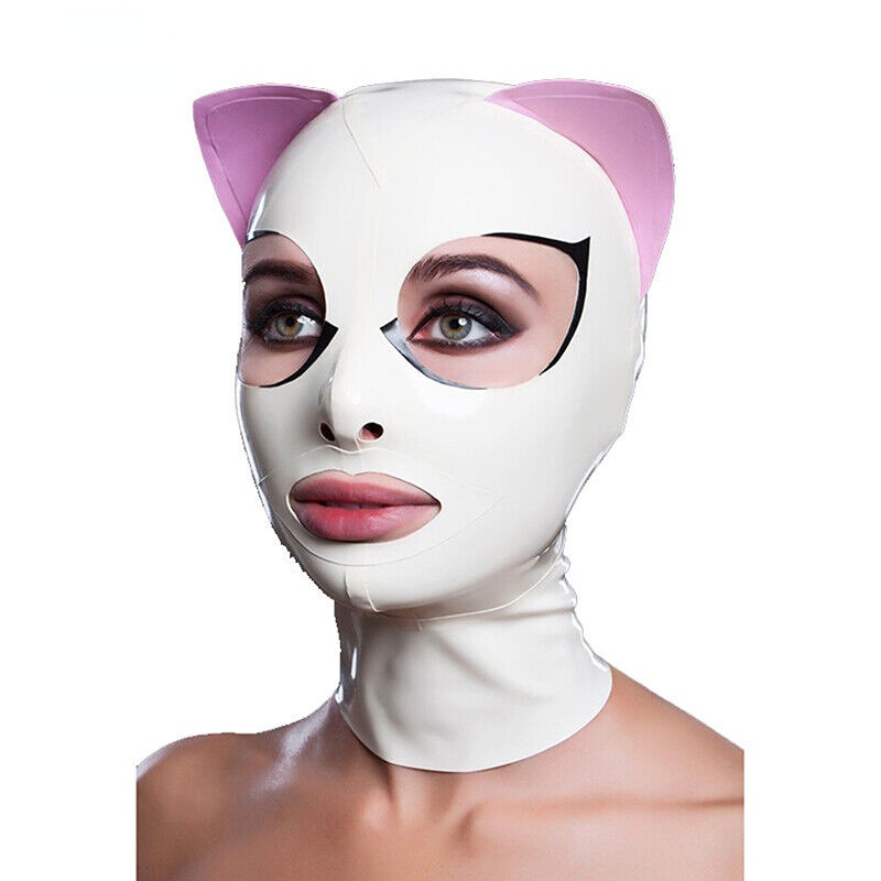 White Latex Hood with Pink Cat Ears Back Zipper Open Eyes Mouth Rubber Mask Cosplay Party Latex Cat 