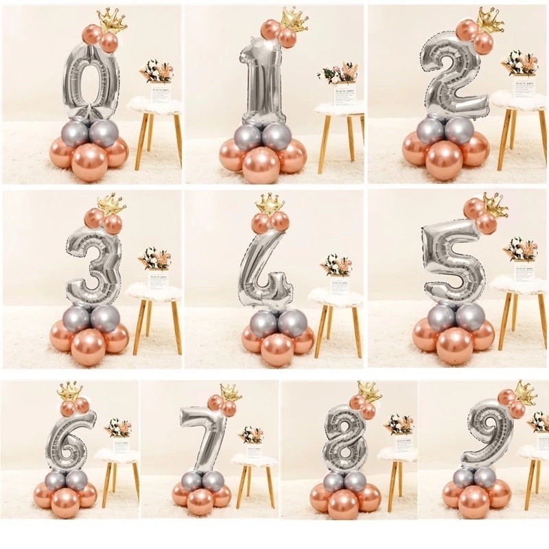 Paket Dekorasi Balon Angka Jumbo 80 cm / dekor ballon makhota Ulang Tahun anak dewasa biru silver ro