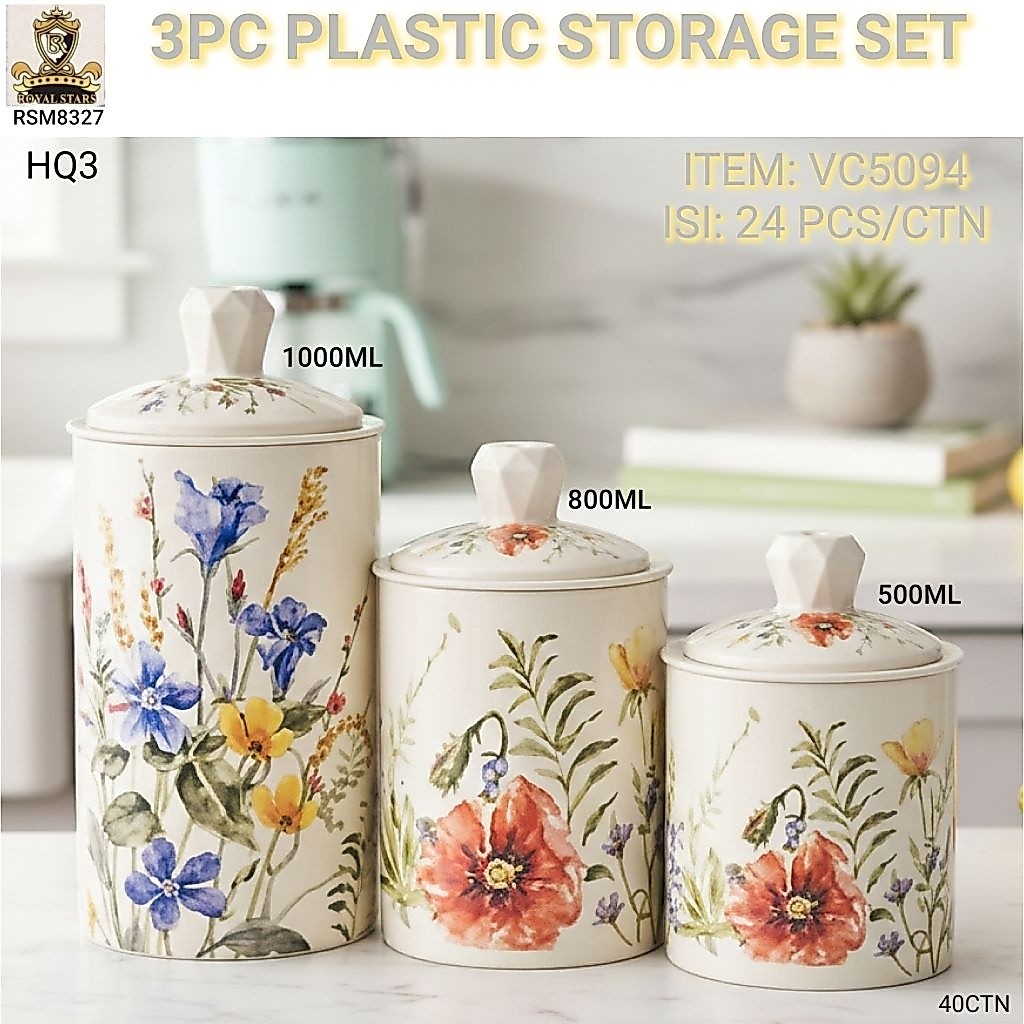 toples plastik set isi 3 toples warna vintage gambar bunga ( hitam / putih / pink) satu set ( 500 , 