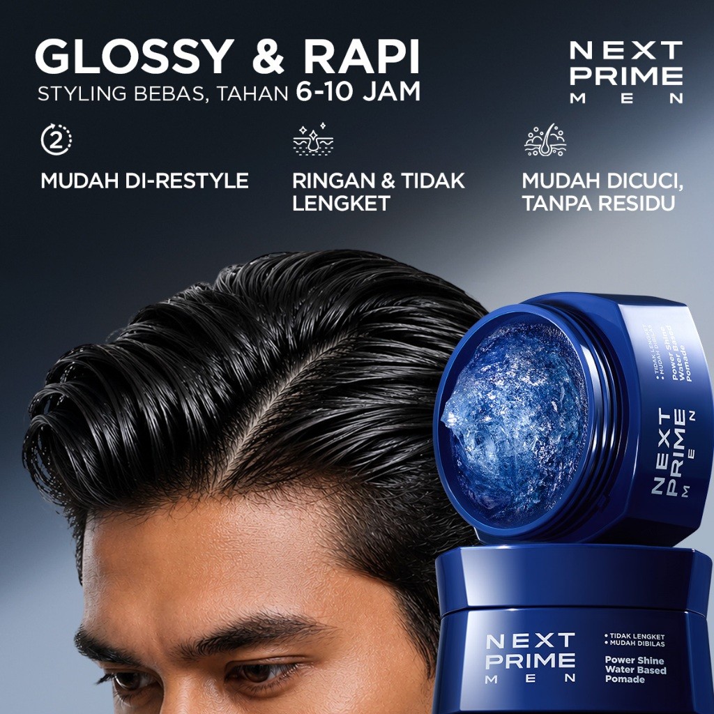NEXTPRIME Power Shine Waterbased Pomade / Sleek & Kilau Modern Hingga 8 Jam / minyak rambut pria / h