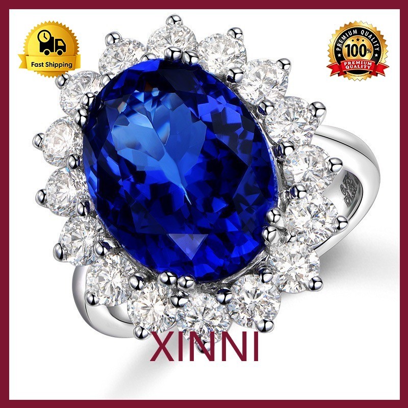 XINNI Cincin Terbuka Yang Dapat Disesuaikan Imitasi Tanzanite Alami Cincin Safir Berlapis Platinum B