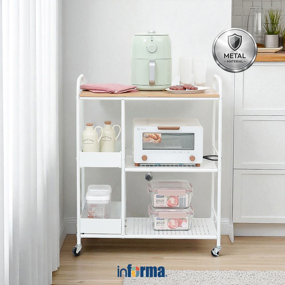 Informa Neves Troli Dapur - Putih Oak Kitchen Cart Troli Dapur Rak Roda Kitchen Storage
