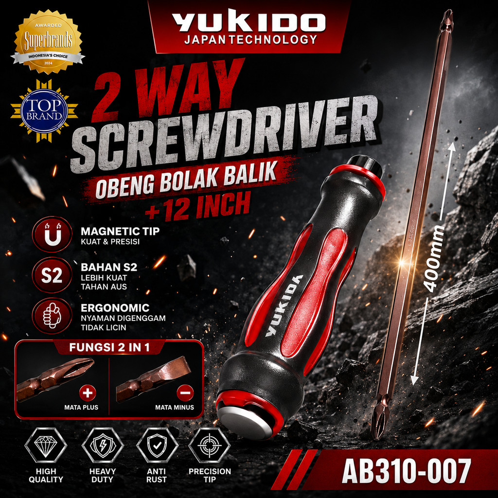 YUKIDO Obeng Panjang Obeng Bolak Balik 12 Inch Multifungsi Plus Minus Panjang 30cm Obeng Tembus Geto