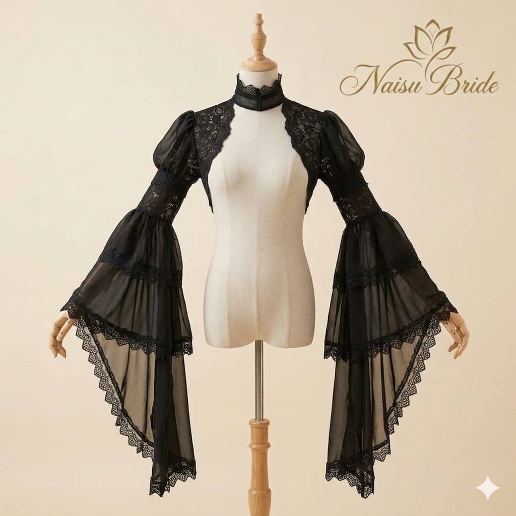 Naisu Outer wanita  brukat flare  tille sleeve 2 layer top lace gothic NB615