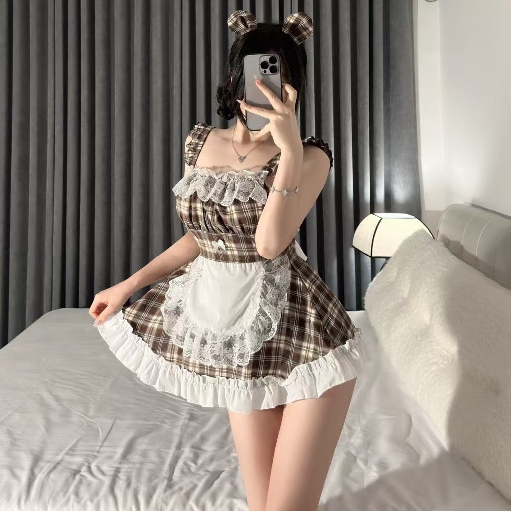 LI-56 kostum cosplay costume wanita baju dress tartan maid lolita pelayan renda lace terusan mini ba