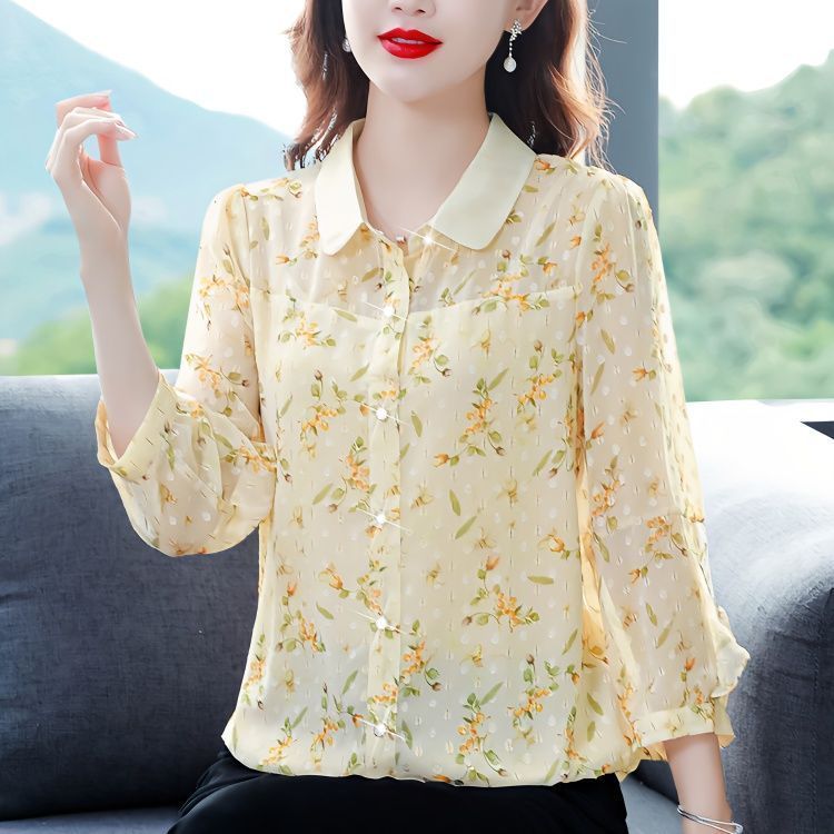 Blus kain chiffon motif bunga tipis bernapas, atasan wanita model baru musim panas